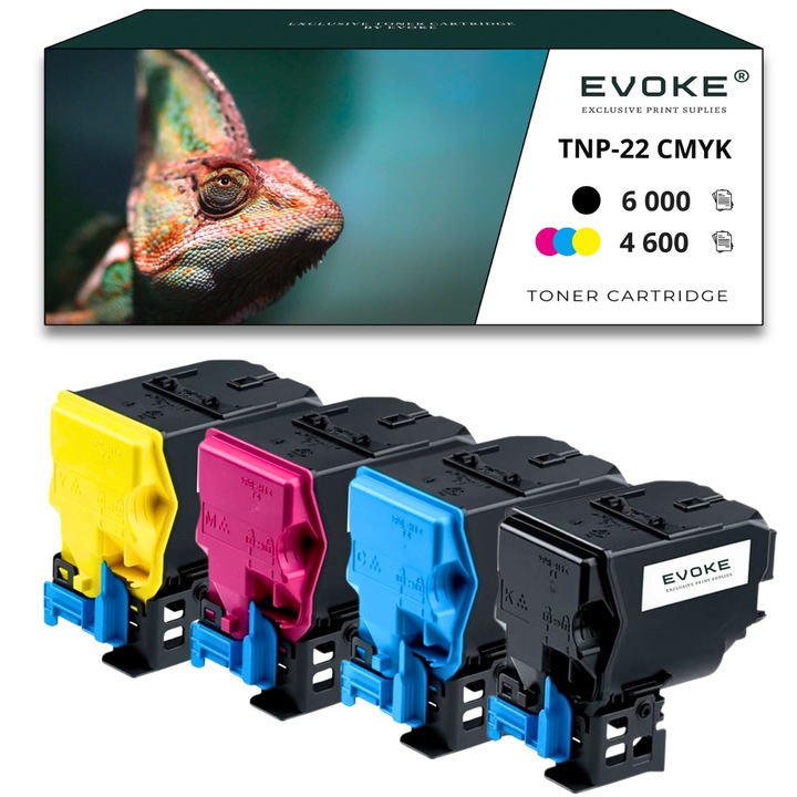 Set 4 toner cartuse imprimanta pentru Konica Minolta TNP-22 CMYK, 6000 pagini negru + 4600 pagini fiecare culoare, A0X5152 / TNP22, compatibil cu C35 C35P