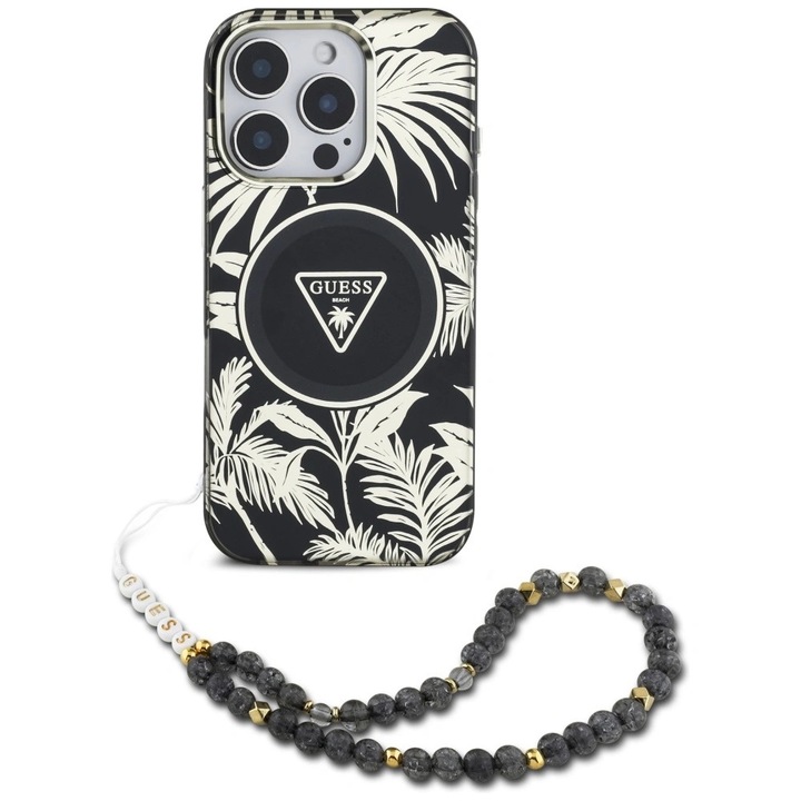 Калъф, Guess Palm Trees Triangle Pearl Strap Magnet за iPhone 16 Pro, Черно