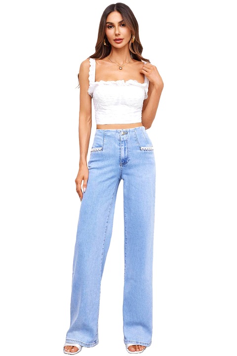 Blugi baggy de dama, MENTOR, accesorizati cu pietre artizanale, Albastru pastel