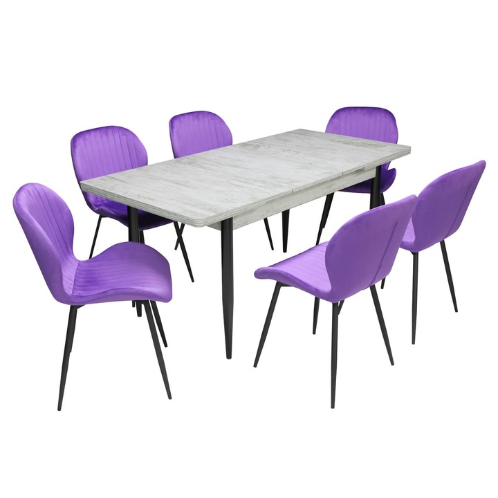 Set masa extensibila Aris Ash White cu 6 scaune Opal mov, picioare negre, tapiterie din material textil, dreptunghiulara, blat din PAL laminat, 130x78x80 cm