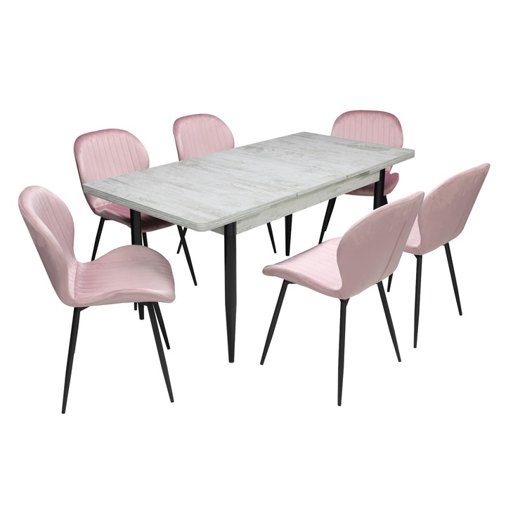 Set masa extensibila Aris Ash White cu 6 scaune Opal Roz, picioare negre, tapiterie din material textil, dreptunghiulara, blat din PAL laminat, 130x78x80 cm