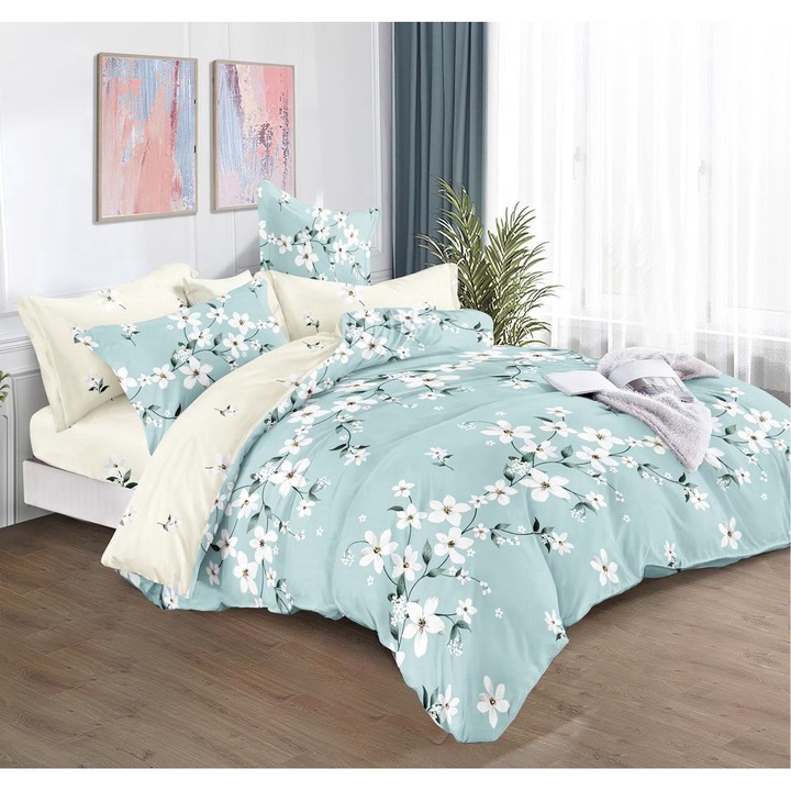 Set Lenjerie de pat CHIRASO, pentru 2 persoane, FINET, 6 piese, Cearceaf cu elastic 180x200 cm, Cearceaf pilota 200x230 cm, 2 fete perna 70x70 cm, 2 fete perna 55x75 cm, cu imprimeu flori, albastru pal-crem