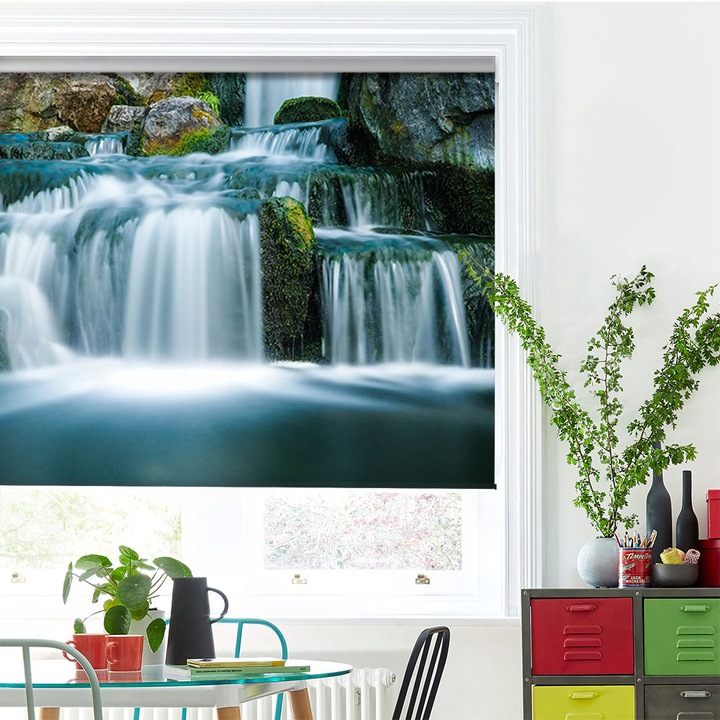 Rolete Art Shade Multicolore tip Jaluzele cu Rulou si sistem inclus Peisaj cu cascada si stanci Decoratiuni, Latime 115 cm x Inaltime 130 cm