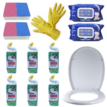 Pachet - 6 x Duck wc Pin lichid, Solutie pentru dezinfectat toaleta, 750ml + Capac WC + 2 x Set Bureti, 2buc/Set + Manusi menaj uz casnic + 2 x Servetele Umede, Dex Baby, Night Care, 72buc Pachet - 6 x Duck wc Pin lichid, Solutie pentru dezinfectat toaleta, 750ml + Capac WC + 2 x Set Bureti, 2buc/Set + Manusi menaj uz casnic + 2 x Servetele Umede, Dex Baby, Night Care, 72buc