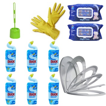 Pachet (11 produse) pentru baie, curatare WC, cu perie toaleta, servetele umede, manusi, capac Soft close si dezinfectant Duck marine Pachet (11 produse) pentru baie, curatare WC, cu perie toaleta, servetele umede, manusi, capac Soft close si dezinfectant Duck marine