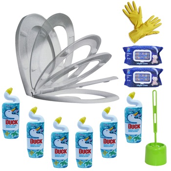 Pachet (11 produse) Curatare si improspatare WC cu perie de toaleta, Capac Soft close, manusi de menaj si dezinfectant lichid Pachet (11 produse) Curatare si improspatare WC cu perie de toaleta, Capac Soft close, manusi de menaj si dezinfectant lichid