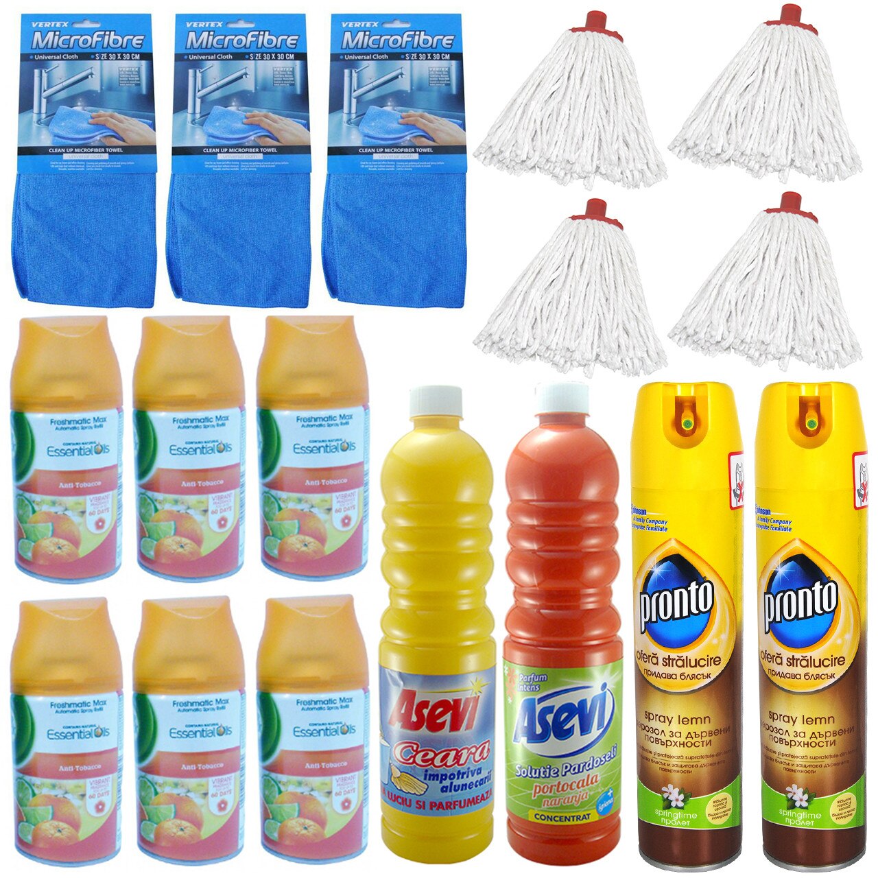 Pachet - 6 x Air Wick Anti-Tabacco Rezerva odorizant camera, 250ml + 3 x Laveta MicroFibre + 2 x Asevi Solutie pardoseala, 1L (ceara, portocala) + 2 x Pronto Spray de mobila, 300ml + 4 x Mop bumbac, 160g