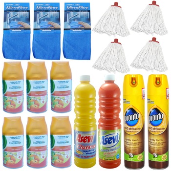 Pachet - 6 x Air Wick Anti-Tabacco Rezerva odorizant camera, 250ml + 3 x Laveta MicroFibre + 2 x Asevi Solutie pardoseala, 1L (ceara, portocala) + 2 x Pronto Spray de mobila, 300ml + 4 x Mop bumbac, 160g Pachet - 6 x Air Wick Anti-Tabacco Rezerva odorizant camera, 250ml + 3 x Laveta MicroFibre + 2 x Asevi Solutie pardoseala, 1L (ceara, portocala) + 2 x Pronto Spray de mobila, 300ml + 4 x Mop bumbac, 160g