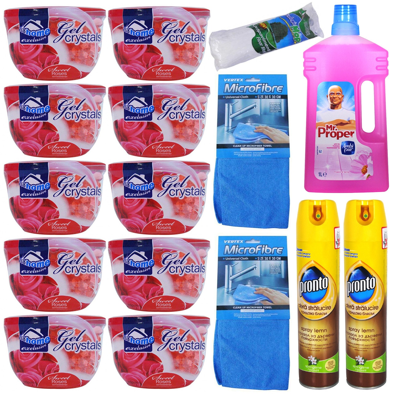 Pachet - 10 x At Home Exclusive Cristale Gel Odorizant camera, trandafiri, 150g + 2 x Laveta MicroFibre + 2 x Pronto Spray de curatat mobila, 300ml + Mr. Proper Solutie pentru curatat podelele, flori de primavara, 1L + Mop ecologic