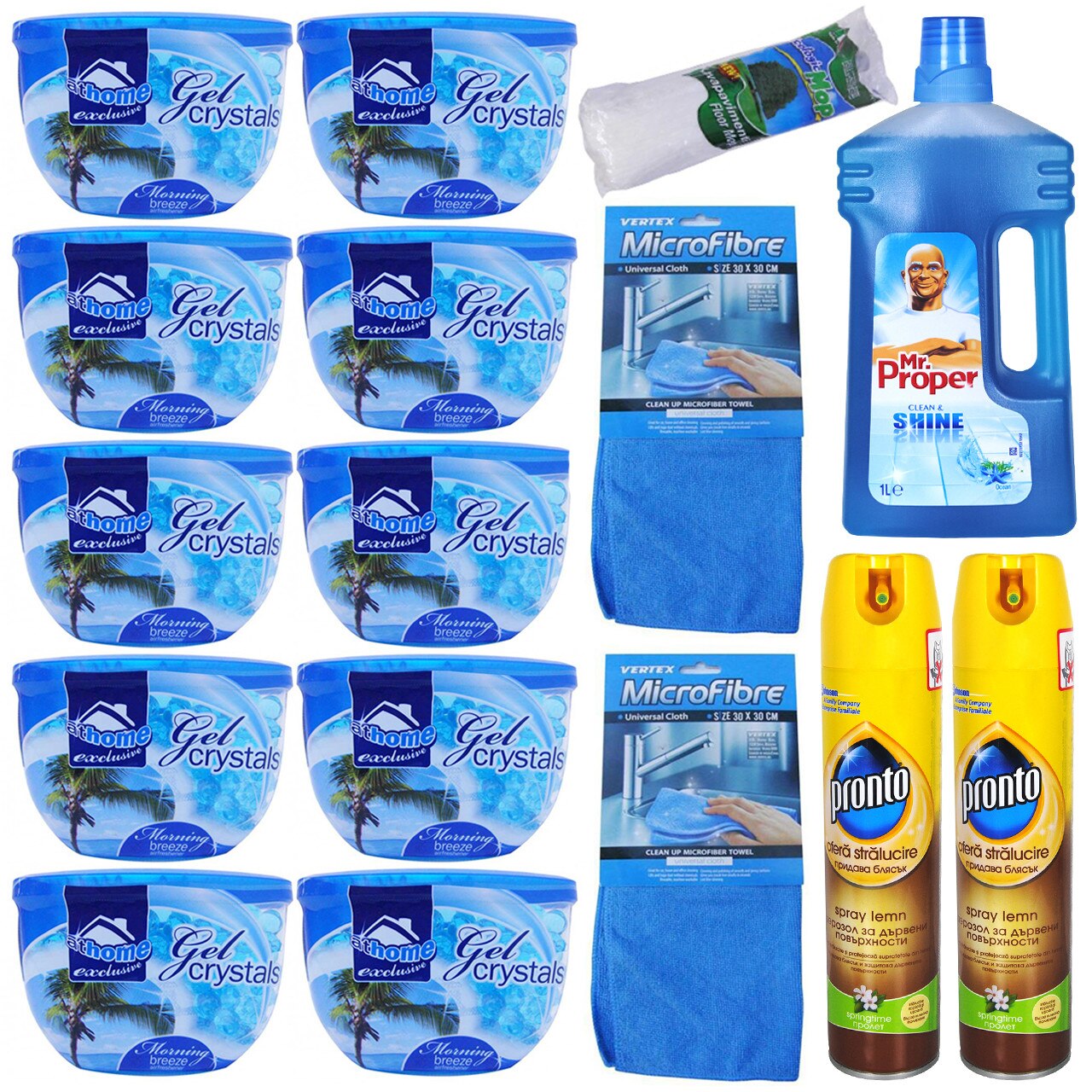 Pachet - 10 x At Home Exclusive Cristale Gel Odorizant camera, briza diminetii, 150g + 2 x Laveta MicroFibre + 2 x Pronto Spray de curatat mobila, 300ml + Mr.Proper Solutie pentru curatat podelele, Ocean, 1L + Mop ecologic