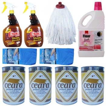 Pachet - 4 x Ceara solida incolora pentru parchet, 1Kg + 2 x Efekt Solutie pentru mobila si parchet, 1L + 2 x Laveta MicroFibre + Sano Floor Fresh Home, 1L + Mop bumbac, 250g Pachet - 4 x Ceara solida incolora pentru parchet, 1Kg + 2 x Efekt Solutie pentru mobila si parchet, 1L + 2 x Laveta MicroFibre + Sano Floor Fresh Home, 1L + Mop bumbac, 250g