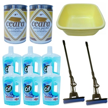 Pachet - 6 x Cif Brezza Marina, Easy Clean, Pentru curatat pardoseli, Briza marii, 1L + 2 x Mop PVA cu coada si storcator + 2 x Ceara incolora, Solida, Pentru parchet, 1L + Lighean patrat din plastic, 15L Pachet - 6 x Cif Brezza Marina, Easy Clean, Pentru curatat pardoseli, Briza marii, 1L + 2 x Mop PVA cu coada si storcator + 2 x Ceara incolora, Solida, Pentru parchet, 1L + Lighean patrat din plastic, 15L