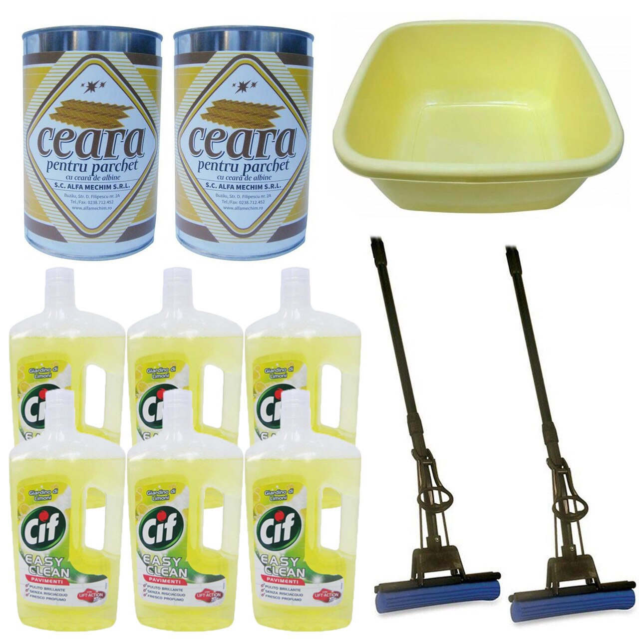 Pachet - 6 x Cif Giardino di Limoni, Easy Clean, Pentru curatat pardoseli, 1L + 2 x Mop PVA cu coada si storcator + 2 x Ceara incolora, Solida, Pentru parchet, 1L + Lighean patrat din plastic, 15L