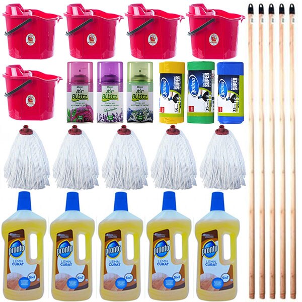 Pachet - 5 x Pronto Solutie lemn curat, 750ml + 5 x Galeata cu storcator, 15L + 5 x Mop bumbac, 250g + 5 x Coada din lemn natur pentru mop + 3 x Mega Air Bllitz rezerva odorizant camera, 260ml + 3 x Saci menajeri, 35L