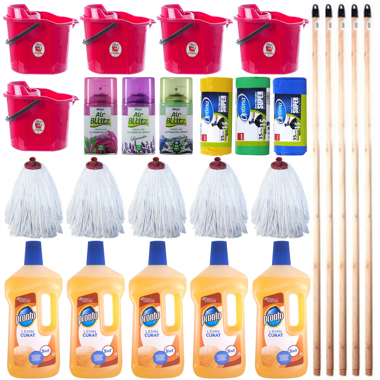 Pachet - 5 x Pronto Solutie pentru curatat parchetul, 750ml + 5 x Galeata cu storcator, 15L + 5 x Mop bumbac, 250g + 5 x Coada din lemn natur pentru mop + 3 x Mega Air Bllitz rezerva odorizant camera, 260ml + 3 x Saci menajeri, 35L