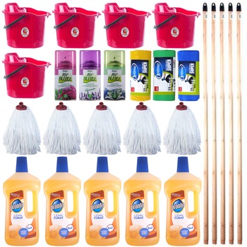 Pachet - 5 x Pronto Solutie pentru curatat parchetul, 750ml + 5 x Galeata cu storcator, 15L + 5 x Mop bumbac, 250g + 5 x Coada din lemn natur pentru mop + 3 x Mega Air Bllitz rezerva odorizant camera, 260ml + 3 x Saci menajeri, 35L Pachet - 5 x Pronto Solutie pentru curatat parchetul, 750ml + 5 x Galeata cu storcator, 15L + 5 x Mop bumbac, 250g + 5 x Coada din lemn natur pentru mop + 3 x Mega Air Bllitz rezerva odorizant camera, 260ml + 3 x Saci menajeri, 35L