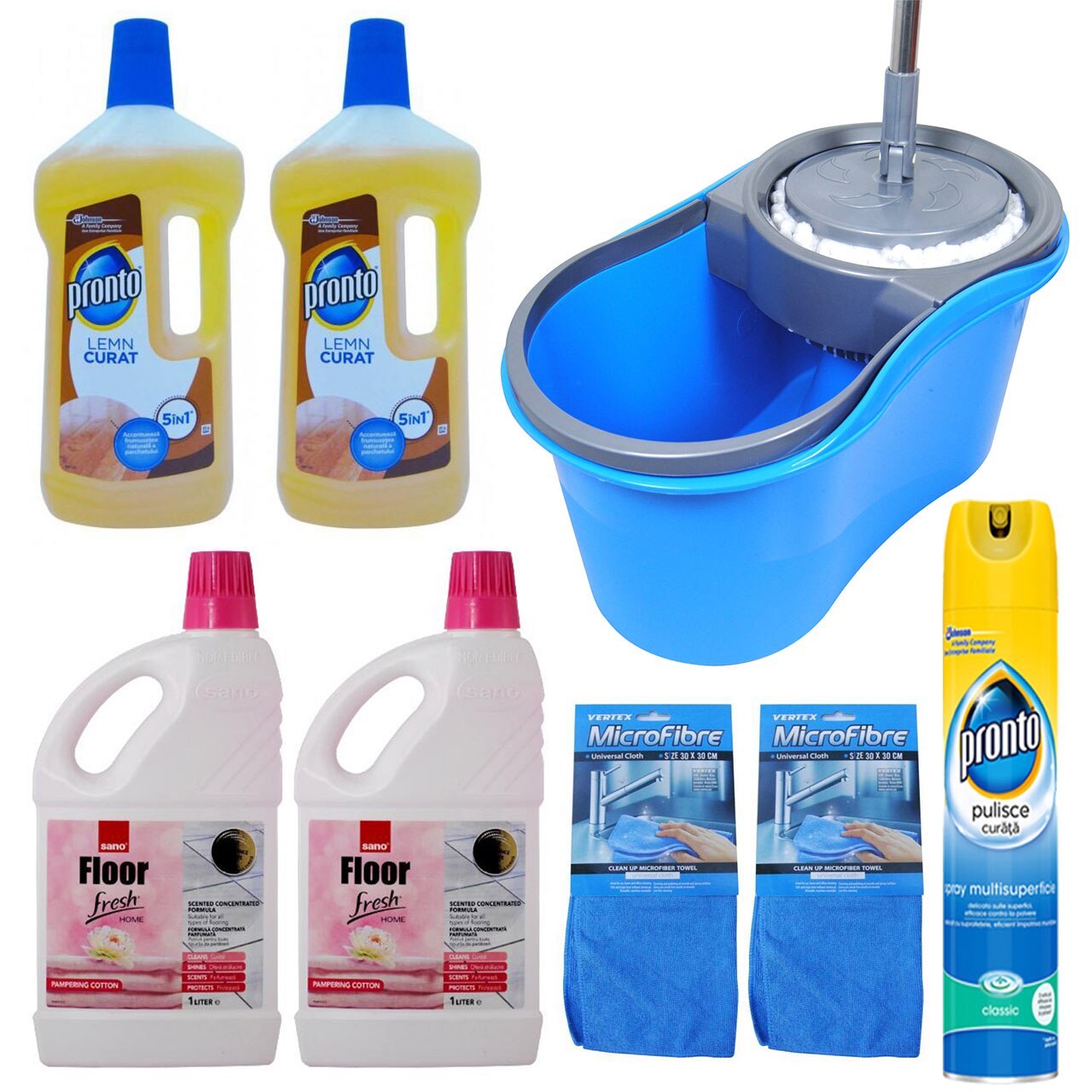Pachet - 2 x Sano Floor Fresh Home, Pampering Cotton, 1L + 2 x Pronto pentru lemn, 750ml + Pronto Spray Universal, 300ml + 2 x Laveta Microfibre + Turbo Star Galeata mop rotativ
