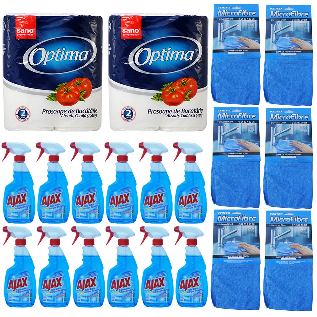 Pachet - 12 x Ajax Triple Action Solutie de curatat geamurile cu pulverizator, 500ml + 6 x Laveta MicroFibre + 2 x Set Prosop bucatarie, 2 role/Set