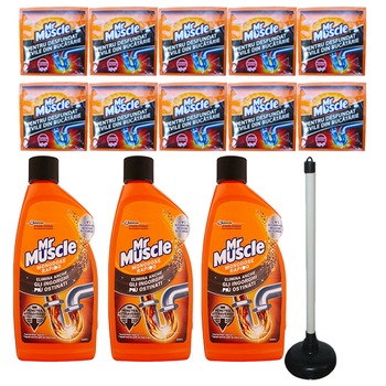 Pachet - 3 x Mr. Muscle gel pentru desfundarea tevilor, 500 ml + 10 x Mr Muscle granule pentru desfundat tevile, 50 g + Pompa mica de desfundat chiuveta Pachet - 3 x Mr. Muscle gel pentru desfundarea tevilor, 500 ml + 10 x Mr Muscle granule pentru desfundat tevile, 50 g + Pompa mica de desfundat chiuveta