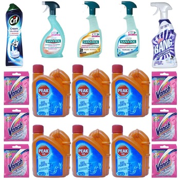 Pachet - 6 x Peak Out Solutie pentru desfundat tevile, 500ml + Sanytol universal, 500ml + Sanytol Bucatarie, 500ml + Sanytol baie, 500ml + Cillit Bang cu pulverizator, 750ml + Cif Crema Ultra White, 500ml + 6 x Vanish praf, 30g Pachet - 6 x Peak Out Solutie pentru desfundat tevile, 500ml + Sanytol universal, 500ml + Sanytol Bucatarie, 500ml + Sanytol baie, 500ml + Cillit Bang cu pulverizator, 750ml + Cif Crema Ultra White, 500ml + 6 x Vanish praf, 30g