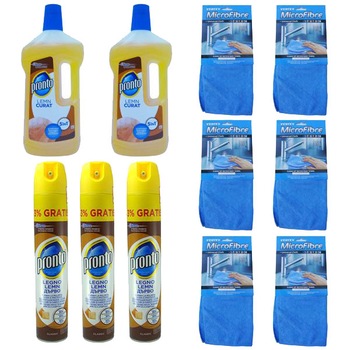 Pachet - 3 x Pronto Classic Spray pentru curatat mobila, 300ml + 6 x Laveta MicroFibre, 30x30cm + 2 x Pronto Lemn curat, 750ml Pachet - 3 x Pronto Classic Spray pentru curatat mobila, 300ml + 6 x Laveta MicroFibre, 30x30cm + 2 x Pronto Lemn curat, 750ml