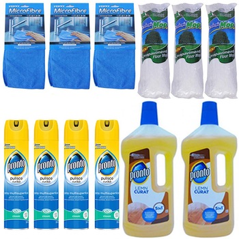 Pachet - 4 x Pronto Spray universal multi-suprafete, 300 ml + 2 x Detergent Pronto lemn curat, 750 ml + 3 x Laveta MicroFibre + 3 x Mop Ecologic Pachet - 4 x Pronto Spray universal multi-suprafete, 300 ml + 2 x Detergent Pronto lemn curat, 750 ml + 3 x Laveta MicroFibre + 3 x Mop Ecologic