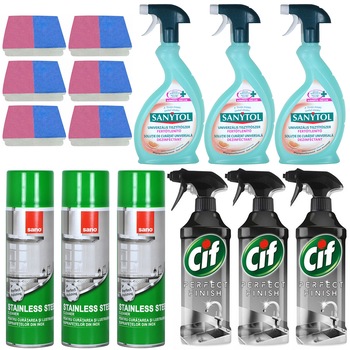 Pachet - 3 x Sano Spray pentru curatare suprafete inoxidabile, 500ml + 3 x Cif Perfect Finish inox cu pulverizator, 435 ml + 3 x Sanytol Universal, 500ml + 6 x Set 2 Bureti de vase Pachet - 3 x Sano Spray pentru curatare suprafete inoxidabile, 500ml + 3 x Cif Perfect Finish inox cu pulverizator, 435 ml + 3 x Sanytol Universal, 500ml + 6 x Set 2 Bureti de vase