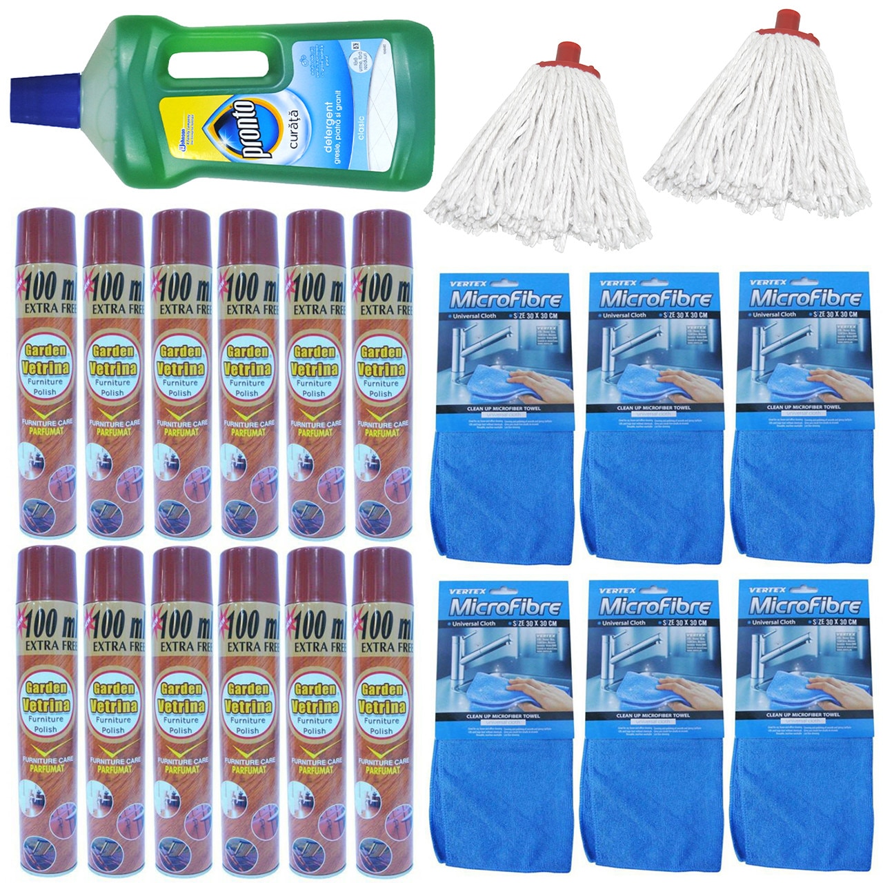 Pachet - 12 x Spray pentru mobila, 400ml + 6 x Laveta MicroFibre + 2 x Mop bumbac, 160g + Pronto Detergent cu sapun pentru pardoseli, Pronto, 750ml