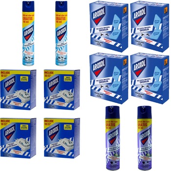 Pachet - 4 x Aroxol aparat electric cu pastile impotriva tantarilor, 10 pastile/cutie + 4 x Aroxol pastile. 30buc/cutie + 2 x Aroxol spray insecticid universal, 500ml + 2 x Aroxol spray anti-molii si anti-acarieni, lavanda, 400ml Pachet - 4 x Aroxol aparat electric cu pastile impotriva tantarilor, 10 pastile/cutie + 4 x Aroxol pastile. 30buc/cutie + 2 x Aroxol spray insecticid universal, 500ml + 2 x Aroxol spray anti-molii si anti-acarieni, lavanda, 400ml