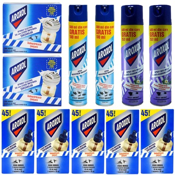 Pachet - 5 x Aroxol rezerva lichida 45 de nopti anti tantari si muste, 35ml + 2 x Aroxol aparat electric cu rezerva lichida 40 Nopti, 45ml + 2 x Aroxol spray universal, 500ml + 2 x Aroxol spray anti-molii si anti-acarieni, lavanda, 400ml Pachet - 5 x Aroxol rezerva lichida 45 de nopti anti tantari si muste, 35ml + 2 x Aroxol aparat electric cu rezerva lichida 40 Nopti, 45ml + 2 x Aroxol spray universal, 500ml + 2 x Aroxol spray anti-molii si anti-acarieni, lavanda, 400ml