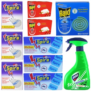 Pachet - 3 x Aparat Spira electric pentru pastile + 3 x Spira pastile tantari, muste, 303 buc/cutie + 2 x Raid capcane pentru gandaci, 6buc/cutie + Raid spirale antitantari pentru exterior, 10buc/cutie + Aroxol lichid, 400ml Pachet - 3 x Aparat Spira electric pentru pastile + 3 x Spira pastile tantari, muste, 303 buc/cutie + 2 x Raid capcane pentru gandaci, 6buc/cutie + Raid spirale antitantari pentru exterior, 10buc/cutie + Aroxol lichid, 400ml