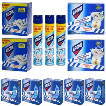 Pachet - 5 x Aroxol pastile anti tantari, muste pentru aparat electric, 30buc/cutie + 2 x Aroxol aparat electric cu rezerva lichida 40 nopti, 45ml + 2 x Aroxol aparat electric cu pastile, 10 tablete/cutie + 3 x Aroxol spray universal, 500ml Pachet - 5 x Aroxol pastile anti tantari, muste pentru aparat electric, 30buc/cutie + 2 x Aroxol aparat electric cu rezerva lichida 40 nopti, 45ml + 2 x Aroxol aparat electric cu pastile, 10 tablete/cutie + 3 x Aroxol spray universal, 500ml