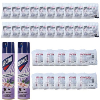 Pachet - 20 x Naftalina bile, 80g + 2 x Aroxol spray anti-molii si anti-acarieni lavanda, 250ml + 10 x Naftalina cristale, 50g Pachet - 20 x Naftalina bile, 80g + 2 x Aroxol spray anti-molii si anti-acarieni lavanda, 250ml + 10 x Naftalina cristale, 50g