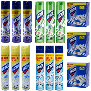 Pachet - 3 x Aroxol spray Insecticid aerosol muste si tantari, 500ml + 3 x Aroxol spray universal, 500ml + 3 x Aroxol spray anti-molii si acarieni lavanda, 400ml + 3 x Aroxol spray anti gandaci si furnici, 500 ml + 3 x Aroxol aparat electric cu pastile Pachet - 3 x Aroxol spray Insecticid aerosol muste si tantari, 500ml + 3 x Aroxol spray universal, 500ml + 3 x Aroxol spray anti-molii si acarieni lavanda, 400ml + 3 x Aroxol spray anti gandaci si furnici, 500 ml + 3 x Aroxol aparat electric cu pastile