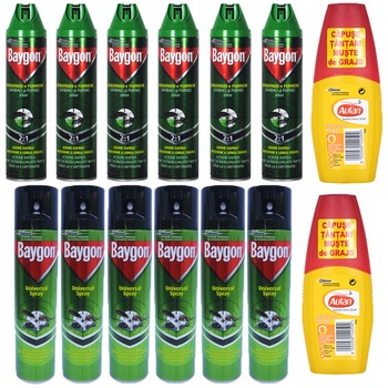 Pachet - 6 x Baygon universal, spray insecticid aerosol parfumat anti tantari, gandaci, muste, viespi, paienjeni, molii, 400ml + 6 x Baygon spray insecte taratoare, 400ml + 2 x Autan spray, 100ml Pachet - 6 x Baygon universal, spray insecticid aerosol parfumat anti tantari, gandaci, muste, viespi, paienjeni, molii, 400ml + 6 x Baygon spray insecte taratoare, 400ml + 2 x Autan spray, 100ml