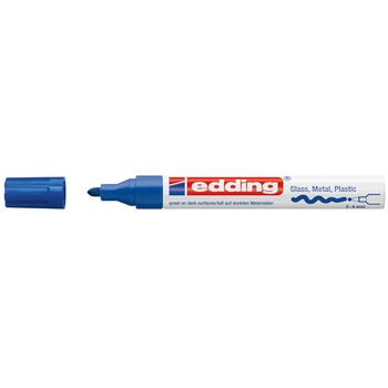 Marker permanent, Edding, cu vopsea, 750, corp metalic, alb, capac in culoarea scrierii,vf.rotund,2-2-4mm, albastru Marker permanent, Edding, cu vopsea, 750, corp metalic, alb, capac in culoarea scrierii,vf.rotund,2-2-4mm, albastru