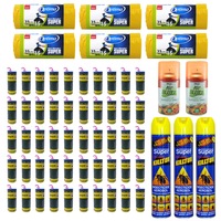 Pachet - 50 x Banda adeziva pentru muste + 3 x Killtox Insecticid Aerosol, 500ml + 2 x Odorizant de camera, Mega Air Bllitz, flori de vara, 260ml + 6 x Saci menajeri galbeni, 35L