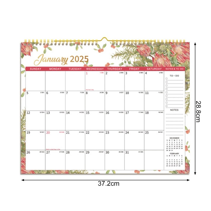 Calendar de perete floral 12 luni, 37.2x28.8cm, cu spatiu pentru notite si liste de sarcini