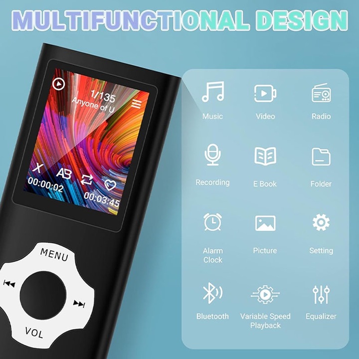 MP3 lejátszó, Bluetooth, Rqiurpn, 64 GB, SD kártya támogatása 128 GB-ig, 1,8 hüvelykes képernyő, HiFi audio, FM rádió, e-könyv olvasó, fekete