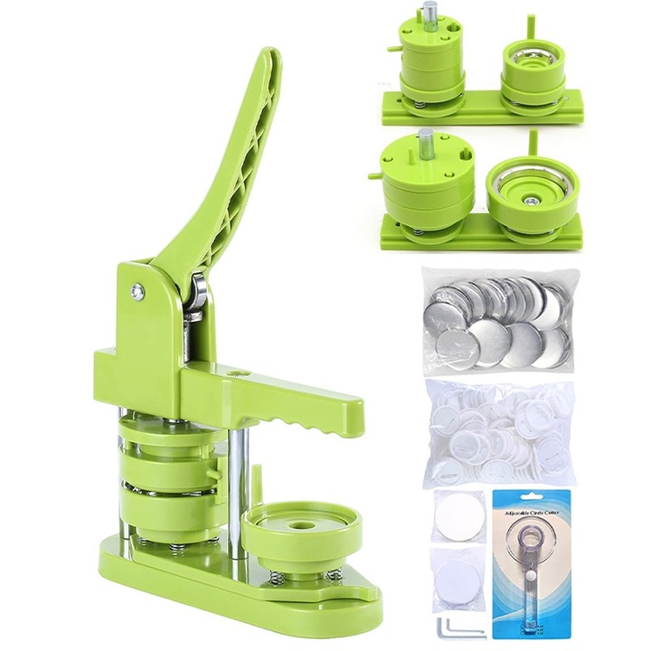 Set masina de facut insigne 58mm, Rqiurpn, 100 piese butoane, Taietor cerc, Carte magica, Matrita magnetica inlocuibila, Multifunctionala