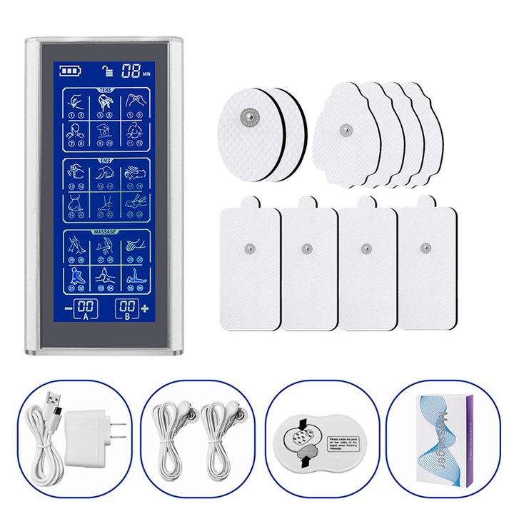 Aparat de Masaj cu Electrostimulare, Rqiurpn, Fizioterapie, Stimulator Dual Channel, 36 Moduri, 20 Niveluri de Intensitate, 10 Electrozi, 36 Programe de Masaj pentru Ameliorarea Durerii, Control Digital, Usor de Folosit pentru Cot, Spate, Umeri, Argintiu