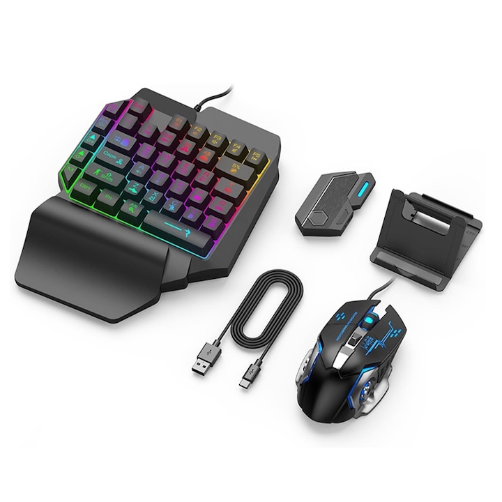 Set tastatura si mouse gaming, Rqiurpn, RGB, Adaptor convertor, Tastatura gaming, Compatibil telefoane mobile cu sistem de operare android, Negru
