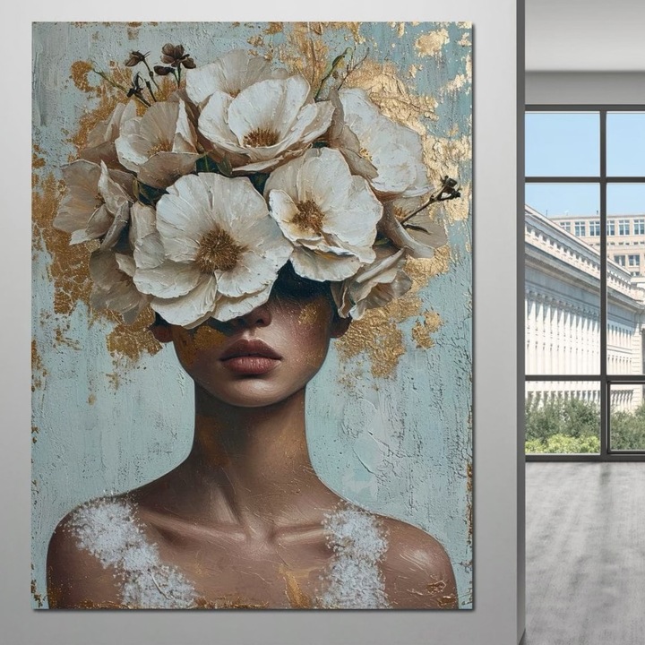 Tablou Canvas Premium, LuxCanva® GS1000, Ganduri Inflorite, 90 X 120 CM, Panza Bumbac 100% 400g/m2, Sasiu Lemn, Flori, Frumusete, Alb, Auriu, Petale, Estetica, Portret, Living, Dormitor, Culori vibrante