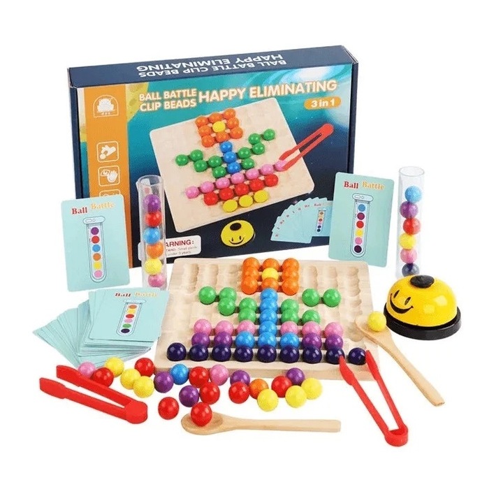 Joc mozaic cu bile, pentru dezvoltarea motricitatii, 3 in 1, pentru copii 3 ani+, din lemn, 29x21 cm, multicolor