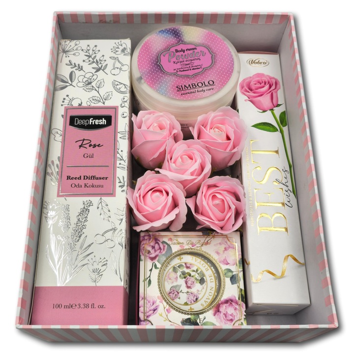 Pachet cadou pentru doamne, CADOURI PREMIUM, model Emotions, cu praline Best Wishes, produse cosmetice si decorative, toate atent asortate si accesorizate pentru a transmite emotii si sentimente autentice