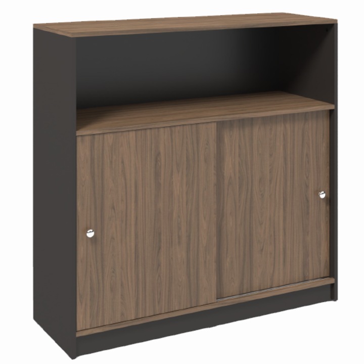 Biblioteca de birou 1 raft, 2 usi glisante, 120x40x124 cm, Nuc Carini Natural si Grafit