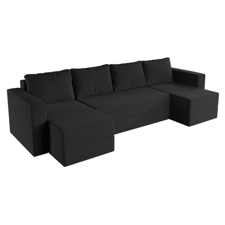 Coltar U Alfa, extensibil, cu lada depozitare, stofa, 320 x 140 x 85 cm, Negru