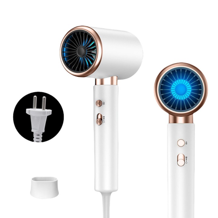 Бърз електрически сешоар с отрицателни йони, идеален за употреба у дома, в салона и по време на пътуване. Интелигентен дизайн с постоянна температура за защита на косата. 2000W, 5 степени на скорост и регулиране на температурата, бяло