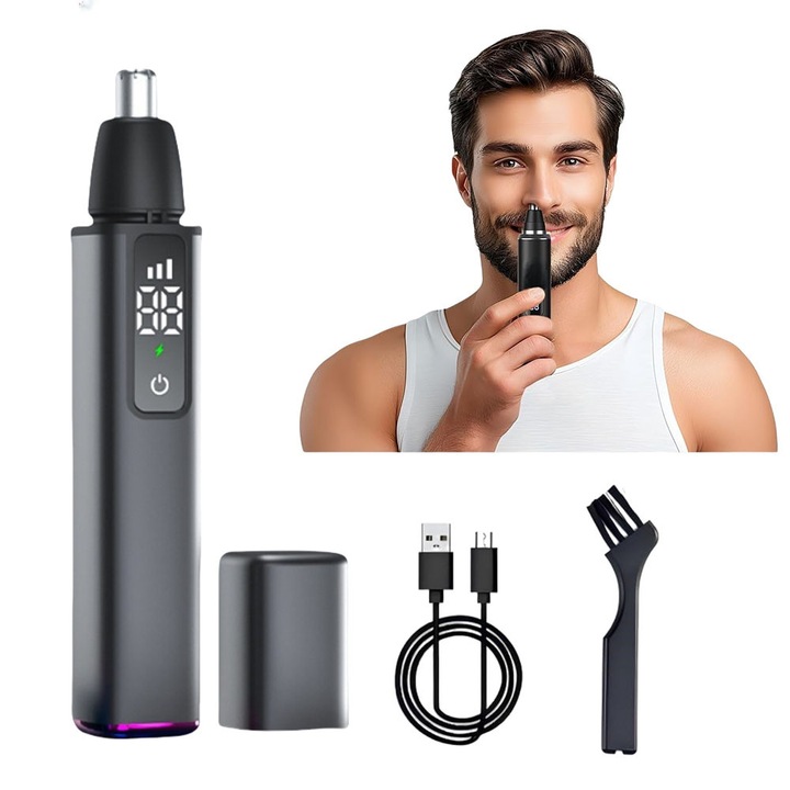 Trimmer Nas & Urechi Unisex - Incarcare USB Rapida, 3 Trepte Reglare, Ecran Digital, Lama Dubla Profesionala