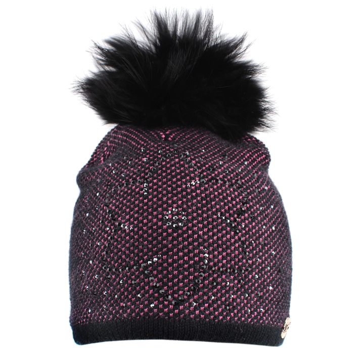 Caciula de iarna cu lana si pompon din blana naturala JG5330, Roz